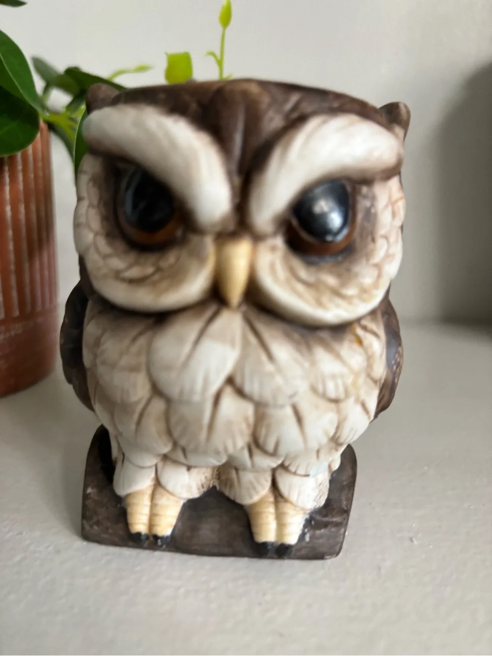 Vintage Mcm retro ceramic grumpy owl tapered candle holder